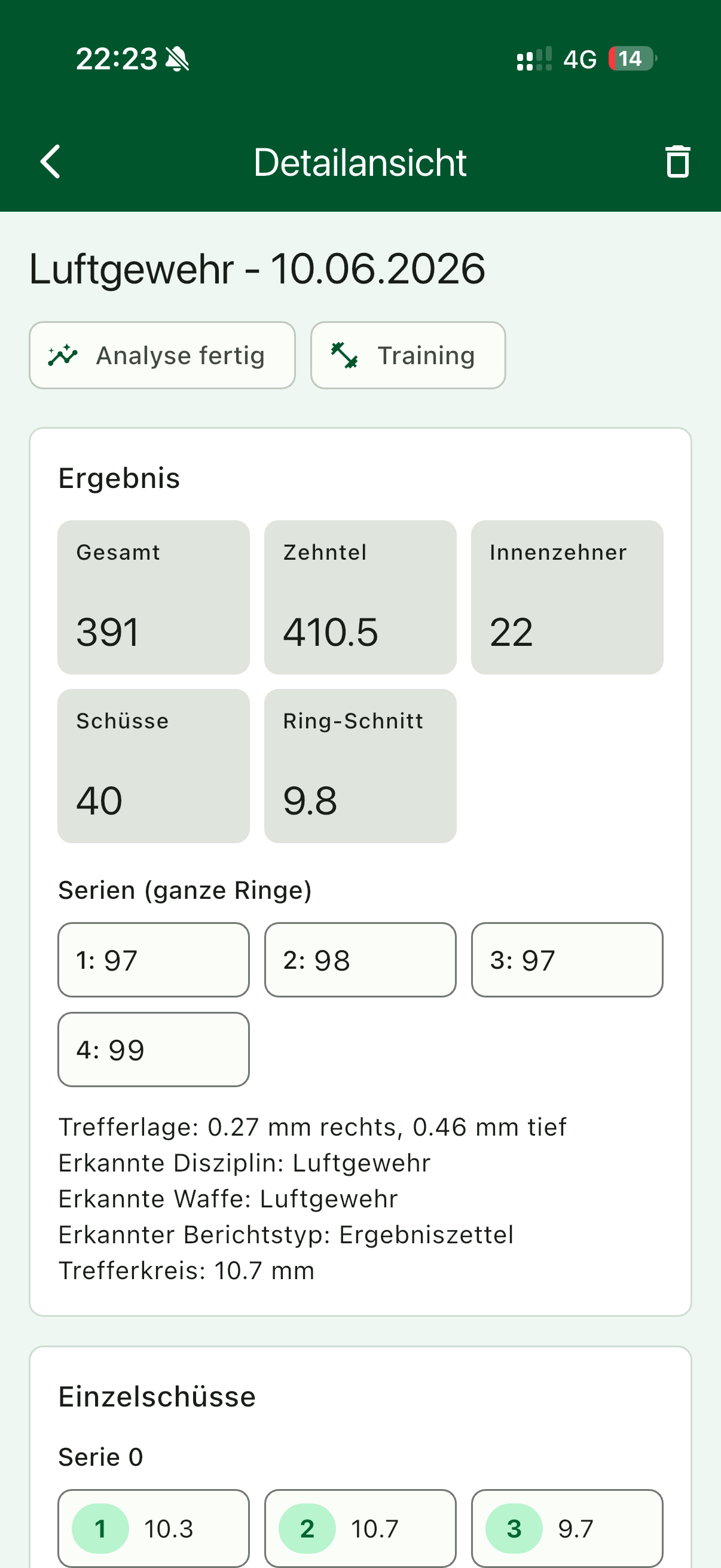 Detailansicht mit Ergebnis, Serien und Trefferlage