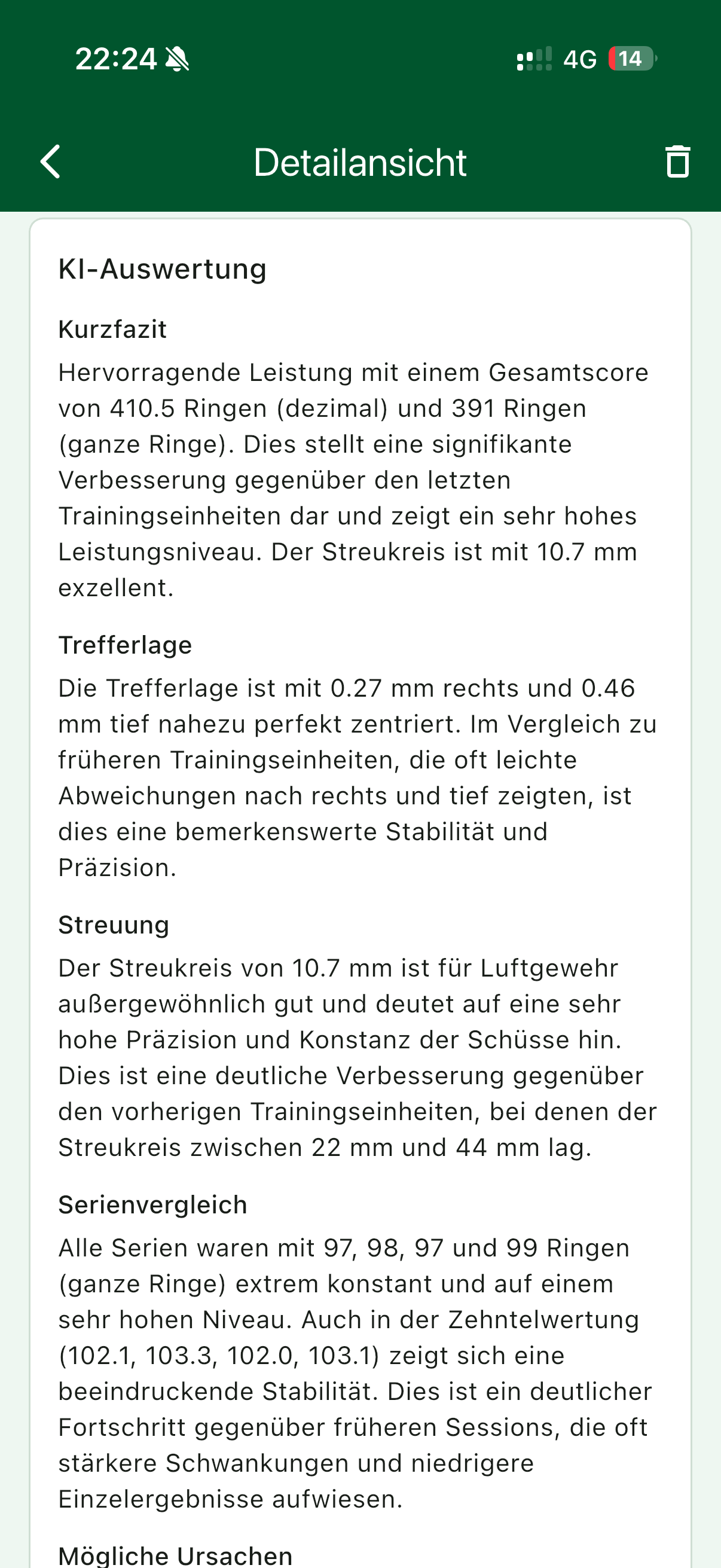 KI-Auswertung mit Kurzfazit, Trefferlage und Serienvergleich