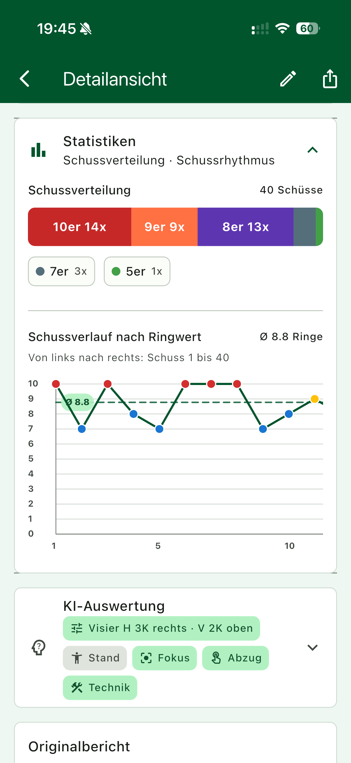 Statistiken mit Schussverteilung, Schussverlauf und KI-Auswertung