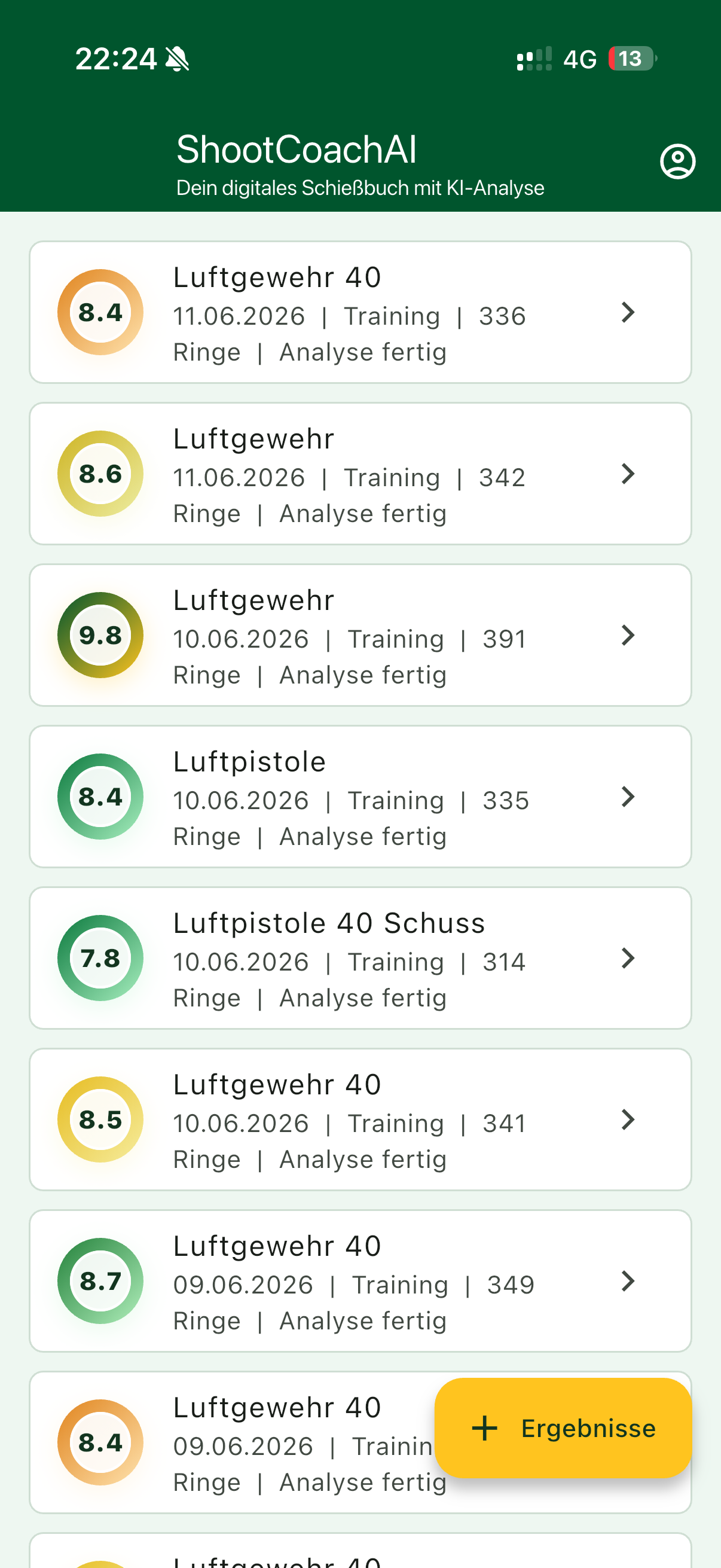 ShootCoachAI Trainingsliste mit analysierten Ergebnissen