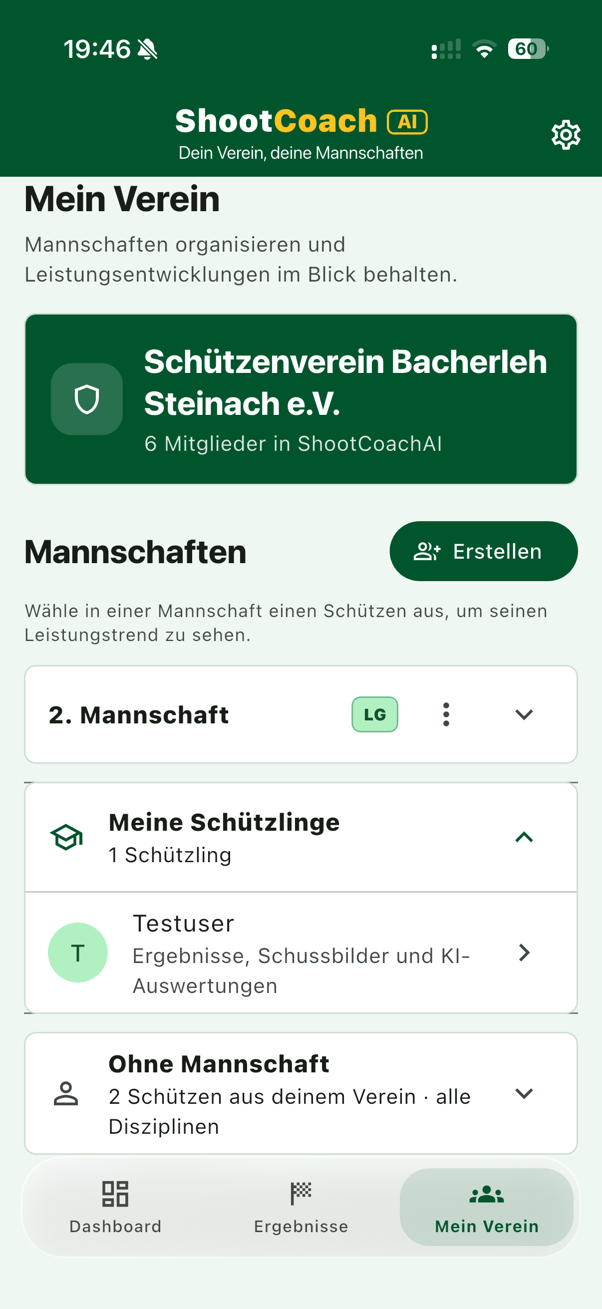 Vereinsbereich mit Mannschaften und Schützlingen